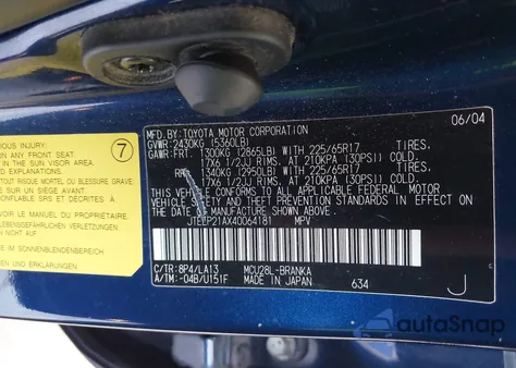 2004 Toyota Highlander Limited V6 из США, поврежденный, VIN JTEEP21AX40064181